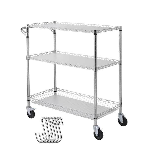 SVOPES 3-Tier Rolling Kitchen Cart, 661LB. Capacity, Steel Storage Trolley, Metal Service Cart with 80mm Basket