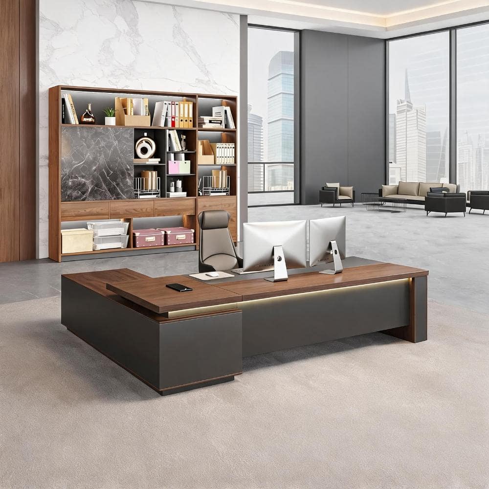 63 in. L-Shape Red Walnut & Iron Gray Engineered Wood 2-Drawer Desk with Storage Shelves, LED Lighting & Charging price history on PriceWatchPro