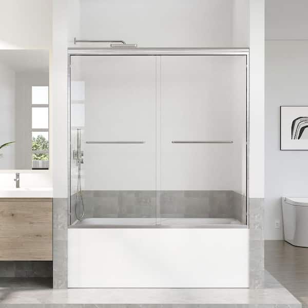 56-60 in. W x 60 in. H Sliding Framed Tub Door in Brushed Nickel with 5/16 in. (8 mm) Tempered Clear Glass
