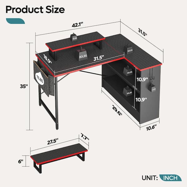 Bestier 44 in. Computer Desk with LED Lights Gaming Desk, 4 Tier Shelves  Black Carbon Fiber D471Z-GAMD - The Home Depot