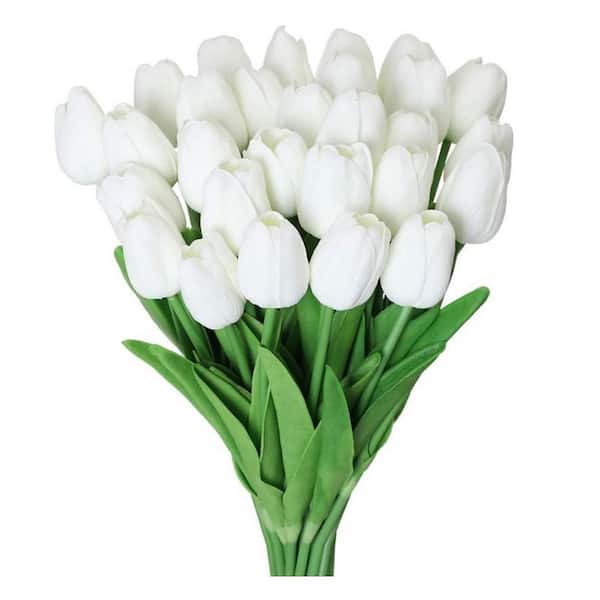 13 in. White Indoor Artificial Tulips Flowers UV Resistant, (30 Piece)