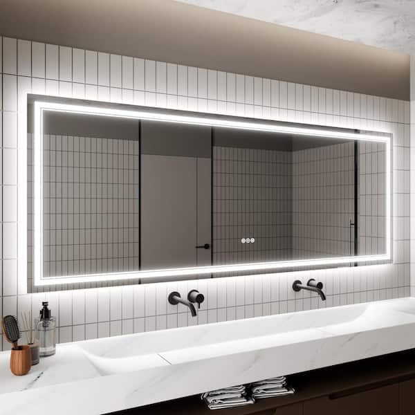 WELLFOR 84 in. W x 32 in. H Rectangular Frameless Anti Fog Front,Back LED Color Adjustment Wall Bathroom Vanity Mirror in Silver
