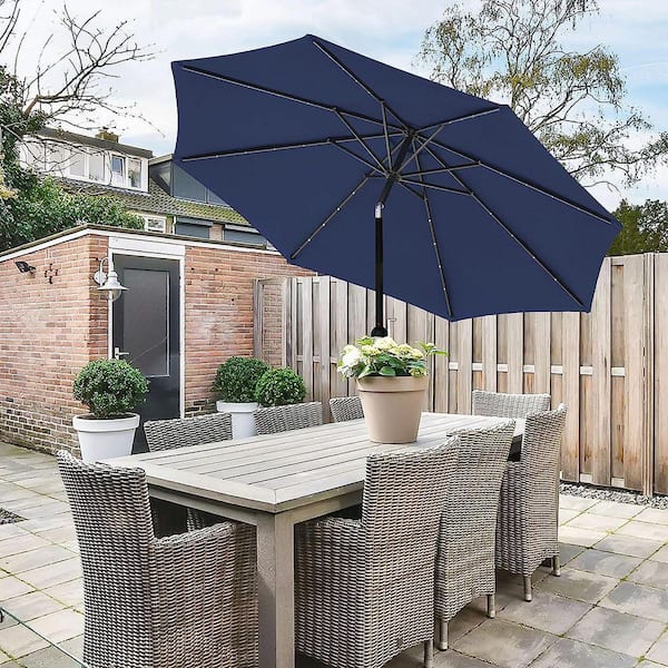 9 foot patio umbrella sale Coporesell 9 ft. Stainless Steel Patio Umbrella in Dark Blue with Push  Button Tilt and Crank CLDHSPU04DB