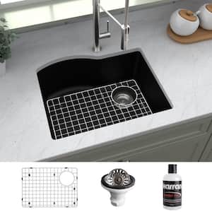 QU-671 Quartz/Granite 24 in. Single Bowl Undermount Kitchen Sink in Black with Bottom Grid and Strainer