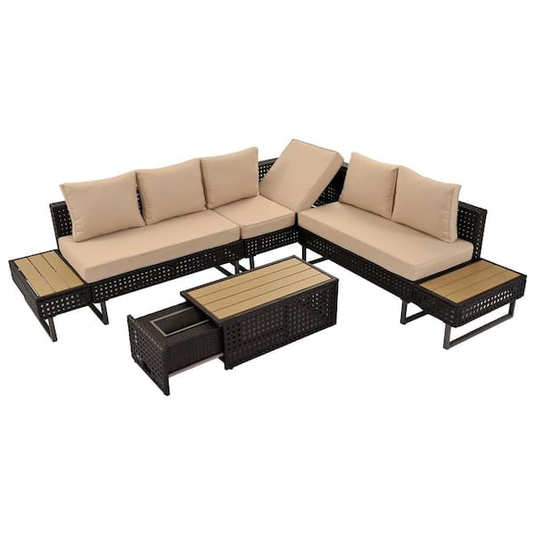 7-Piece Wicker Outdoor Sofa Sectional Set Adjustable Patio Seating Set with Khaki Cushions, Extendable Table, Ice Bucket