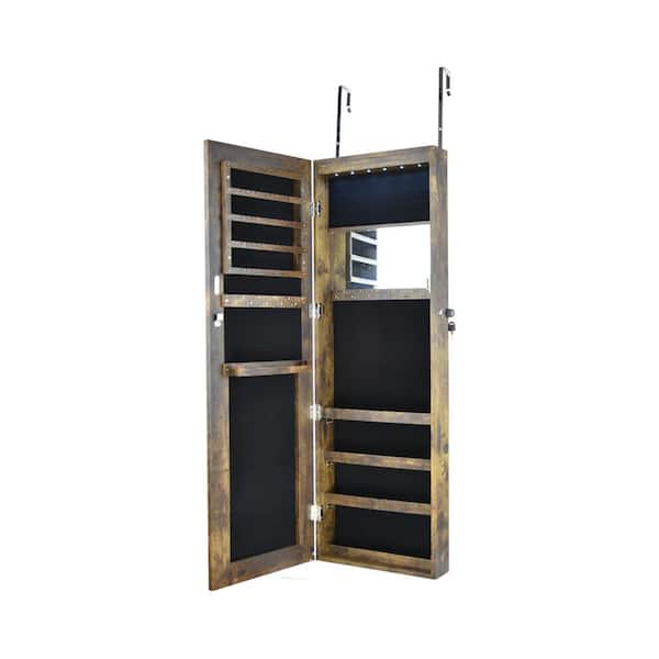 CONGE IMPORT LLC Brown Full Length Mirror LED light Jewelry Cabinet 43.3 in. x 14.24 in. MDF storage rings earrings Fashion Simple