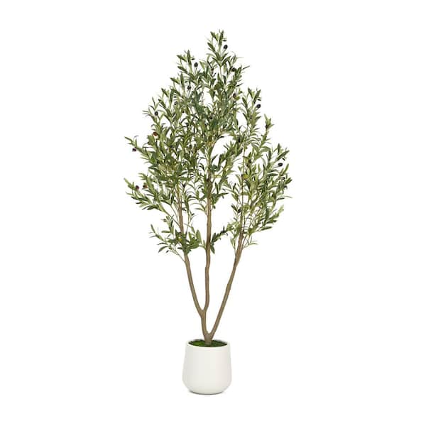 hykolity 6FT Artificial Olive Tree with White Planter, Artificial Plants with Natural Wood Trunk and Lifelike Fruits
