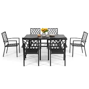 Black 7-Piece Metal Outdoor Dining Stackable Chairs, 1 Rectangle Table with 1.57 in. Umbrella Hole (Set, 6)