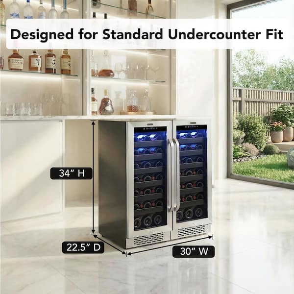 30 in. 66 Bottle Built-In Wine Cooler Bundle in Stainless Steel, Reversible Door and Double Pane Glass