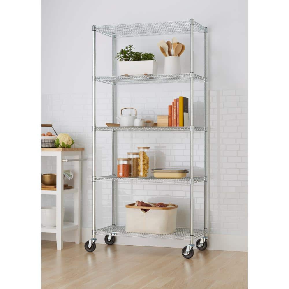EcoStorage Chrome 5-Tier Adjustable Utility Wire Shelving with Wheels