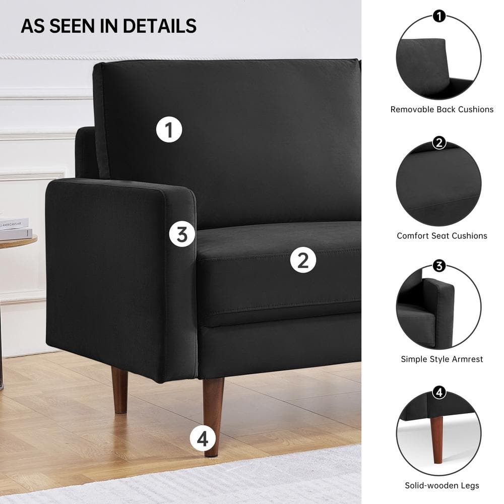 69 Inch Black Velvet Lawson Sofa with Wood Legs