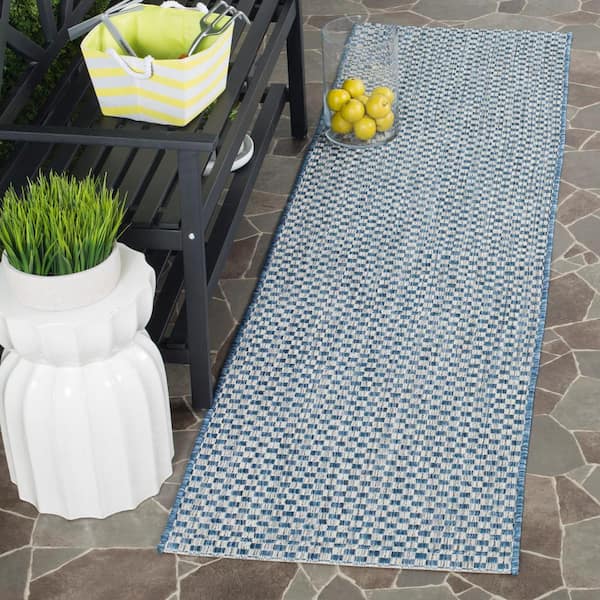 Courtyard Blue/Light Gray 2 ft. x 12 ft. Solid Indoor/Outdoor Patio  Runner Rug