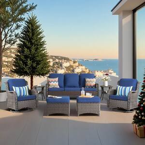 Moonlight Brown 7-Piece Wicker Patio Conversation Seating Sofa Set with Navy Blue Cushions and Swivel Rocking Chairs