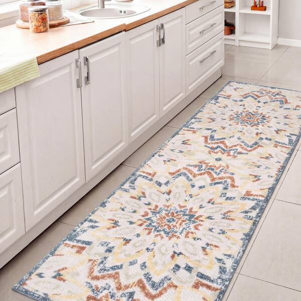 Flora Abstract Bold Mandala High-Low Cream/Multi 2 ft. x 8 ft. Indoor/Outdoor Runner Rug