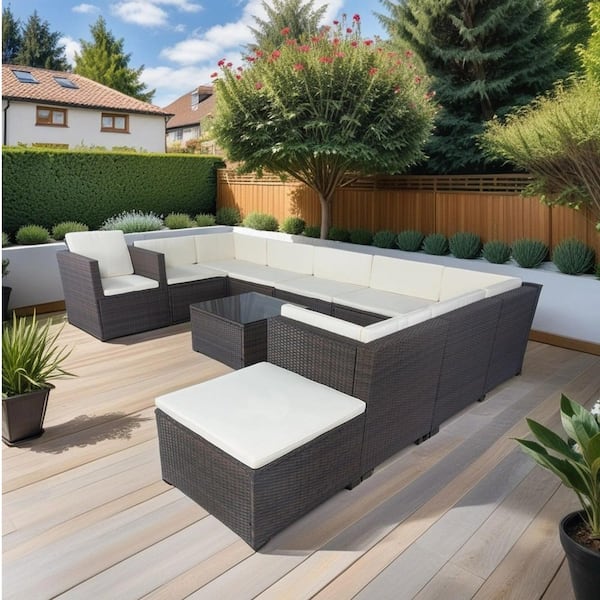 Brown 11-Piece Wicker Patio Conversation Set with White Cushion and 3 Storage Box