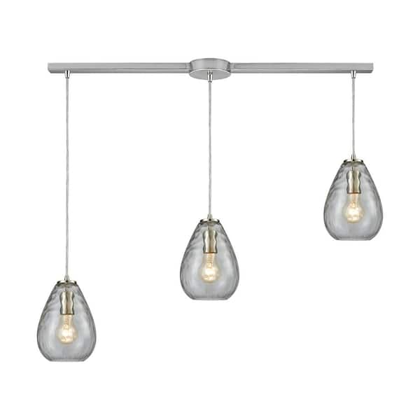 Titan Lighting Lagoon 3-Light Linear Bar in Satin Nickel with Clear Water Glass Pendant