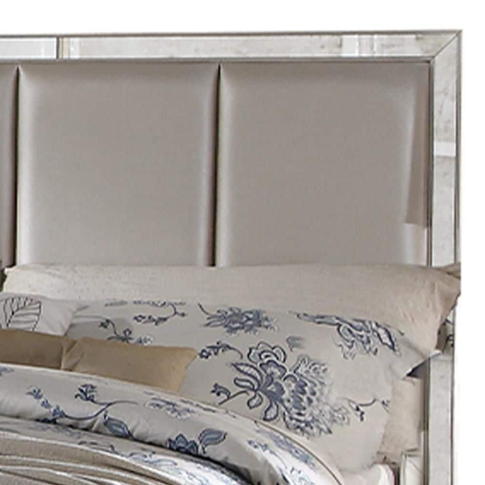 Elegant Platinum King Bed with Tufted Faux Leather Headboard and Storage
