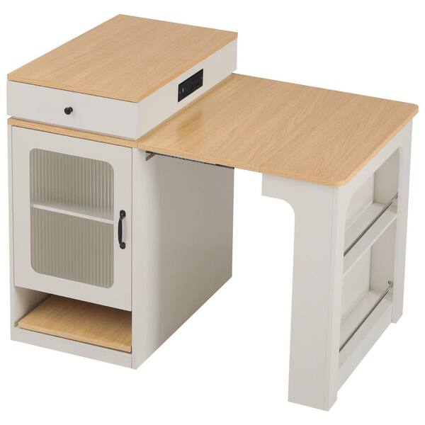 Ziyudura White Wood 59.5 in. Kitchen Island with Extendable Table
