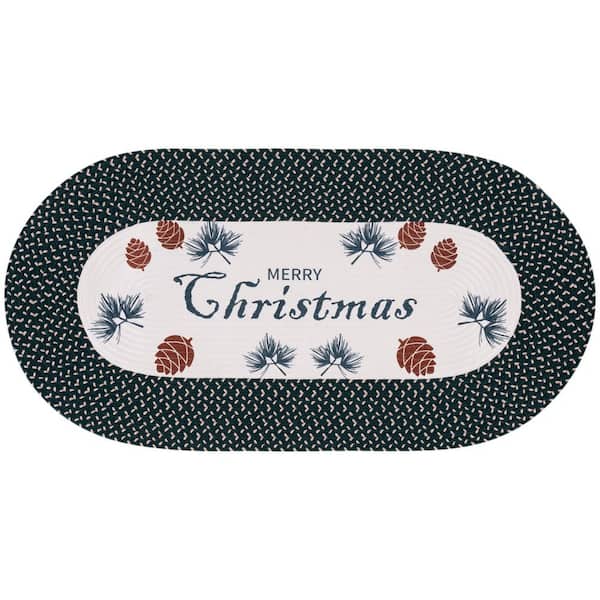 Braided Posters Ivory/Dark Natural 2 ft. x 4 ft. Machine Washable Merry Christmas Pine Oval Runner Rug