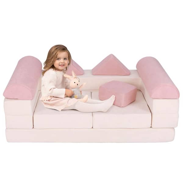 Costway Pink Kids Modular Play Couch Play Set with Suede Fabric Cover High-Density Foam