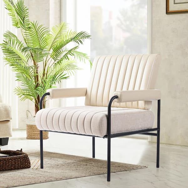 Mid-Century Modern Beige Leatherette and Fabric Combination Armchair With Black Metal Frame and Padded Arms