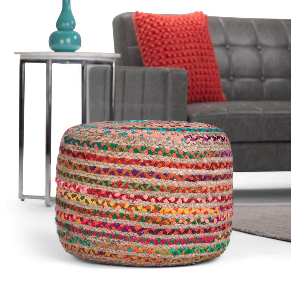 Margo Boho Hand-Braided Jute & Cotton Round Pouf, Multicolor