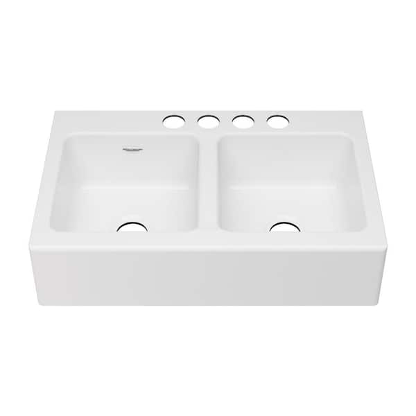 American Standard Delancey Farmhouse Apron Front Cast Iron 36 in. 4-Hole Double Bowl Kitchen Sink in Brilliant White