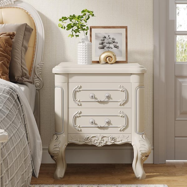 BYBLIGHT White2 Drawers 20.08 in. W Nightstand, End Table Carved Bedside Tables for Bedroom, Living Room