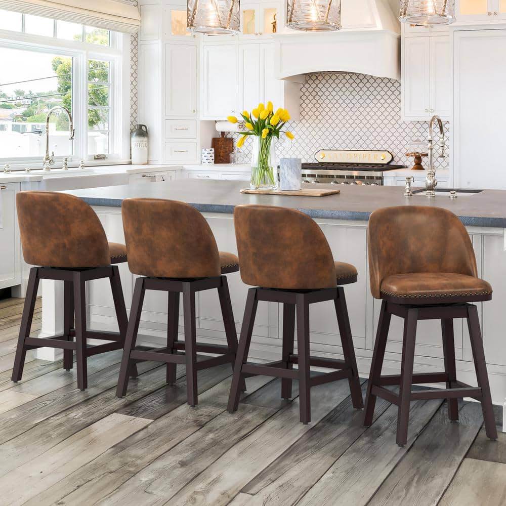 Whiskey Brown Faux Leather Swivel Counter Stools with Wood Legs, Set of 4