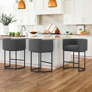 26 in. Dark Gray and Black Low Back Bar Stool with Metal Frame Counter Height Linen Fabric Counter Stool(Set of 3)