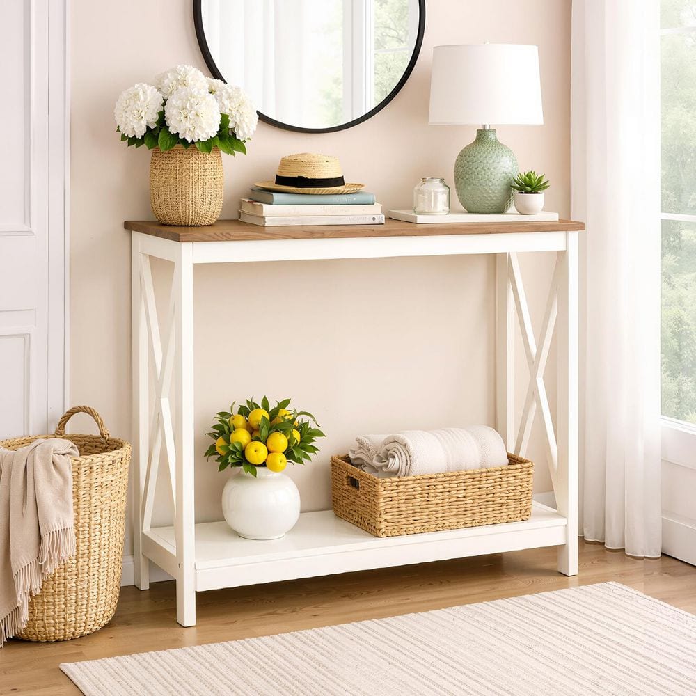 【ジェルバゾーニ】ホワイト コンソール PHI VILLA 39.4 in. White MDF Standard Rectangle Wood Console Table