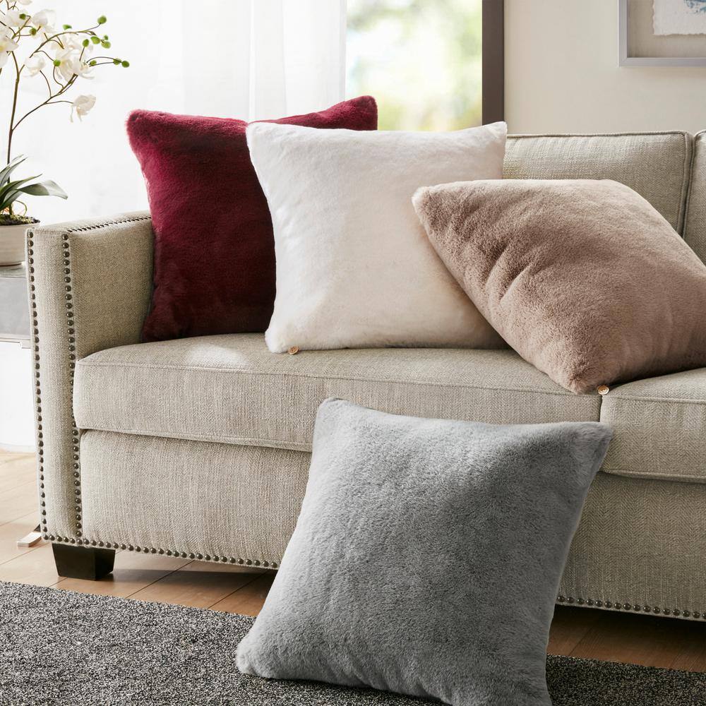 Gray Faux Fur Square Throw Pillow with Polyfill