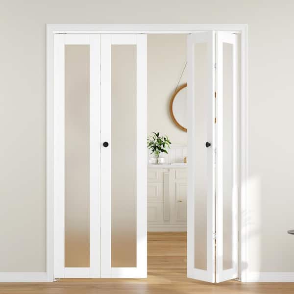 60 in. x 80 in. 1-Lite Tempered Frosted Glass White Finished Solid Core MDF Wood Bi-Fold Door with Hardware
