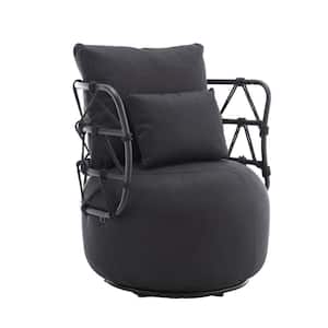 Modern Black Linen Upholstered Swivel Barrel Accent Arm Chair with Unique Design Metal Bracket