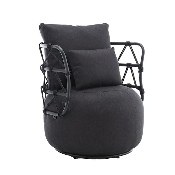 HOMEFUN Modern Black Linen Upholstered Swivel Barrel Accent Arm Chair with Unique Design Metal Bracket
