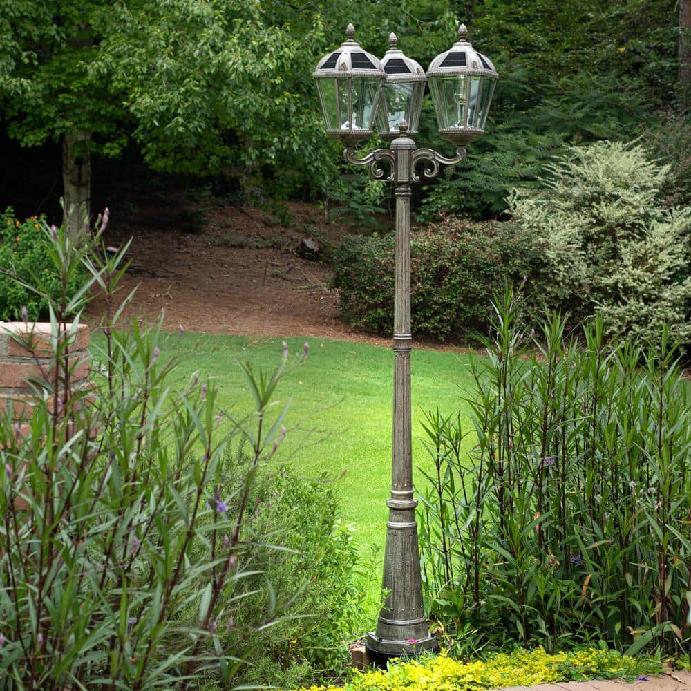 Weathered Bronze Triple Head Solar Lamp Post with LED Lights