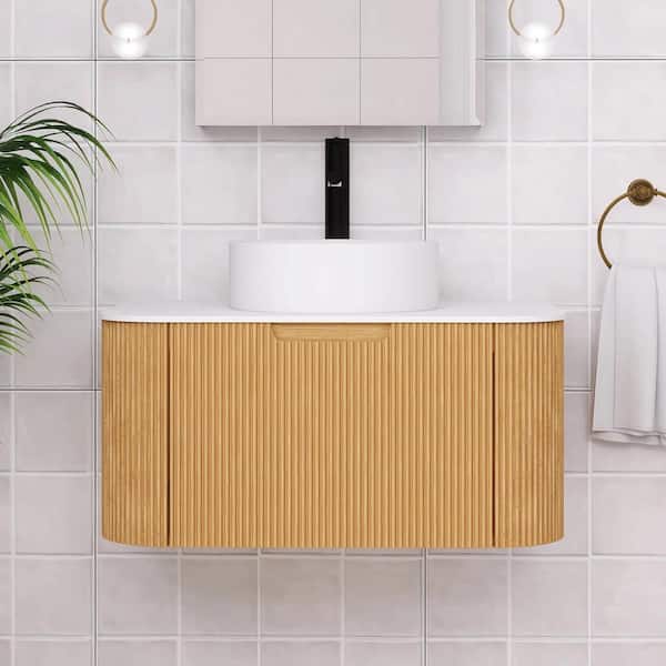 Boosicavelly 30 in. W x 19 in. D x 19 in. H Single Sink Wall-Mounted Bath Vanity in Natural Wood with White Engineered Marble Top