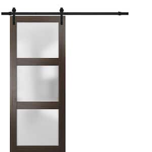 2552 18 in. x 96 in. 3 Panel Brown Finished Wood Sliding Door with Black Barn Hardware