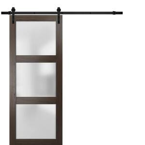 2552 24 in. x 80 in. 3 Panel Brown Finished Wood Sliding Door with Black Barn Hardware