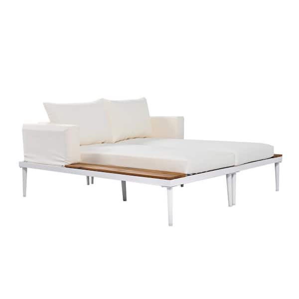 Sungrd Metal Outdoor Day Bed with Wood Topped Side Space for Drink, 2 in 1 Padded Chaise Lounge, Machine Washable Cushion Beige