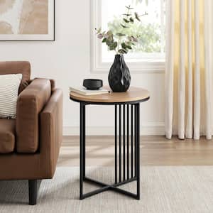17.75 in. Coastal Oak/Black Metal and Wood Industrial Side Table with Bar Details