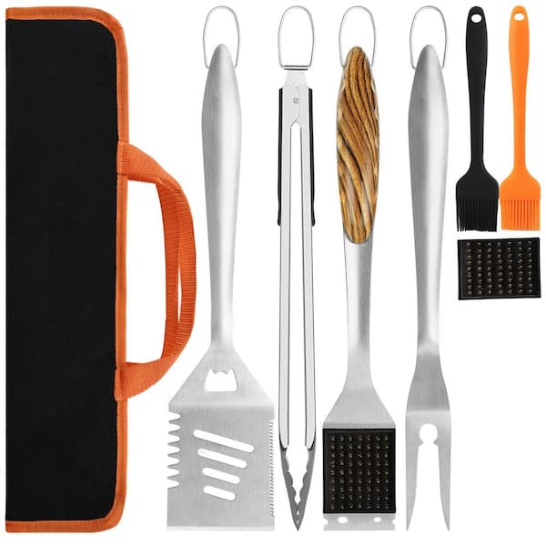 8-Piece BBQ Grill Tools Set w/ Extra Thick Stainless Steel Spatula, Fork, Tongs, Cleaning Brush and Portable Bag, Orange