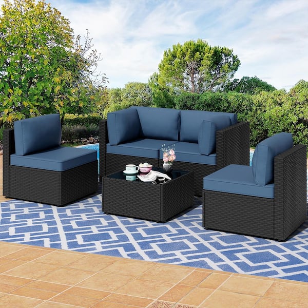5-Piece Black Wicker Patio Sectional Seating Set with Navy Blue Cushions