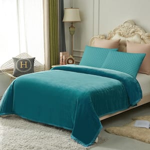 Teal Reversible Microfiber Fleece Blanket 87 in. x 95 in. Fuzzy Cozy Bed Blanket for Couch Camping