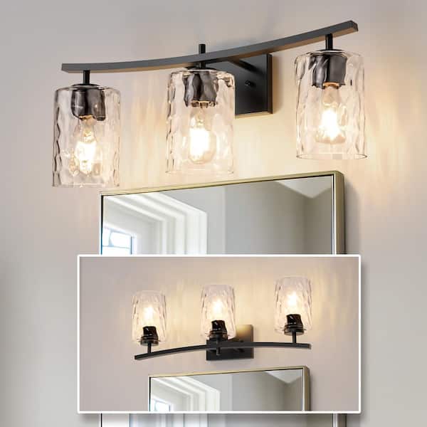 24 in. 3-Light Black Vanity Light with Cylinder Clear Glass Shades for Bathroom, Mirror, Vanity Area