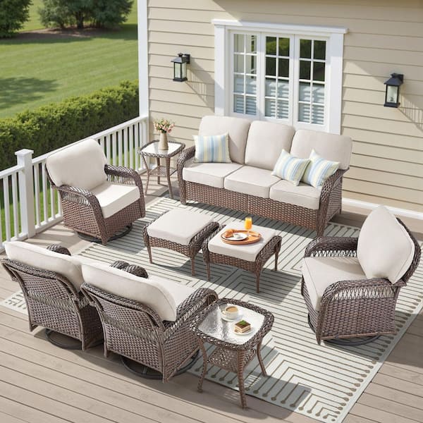 Brown 9-Piece Wicker Patio Conversation Sets with Swivel Glider Chair, Outdoor Sofa Seating Set with Beige Cushion