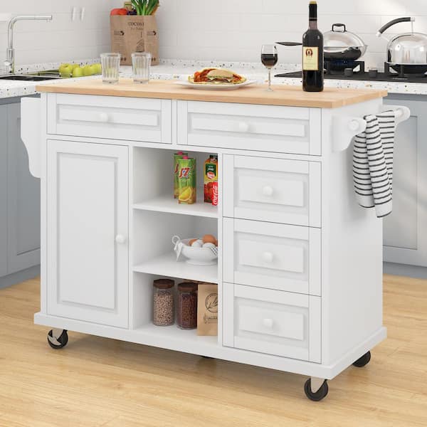 FAMYYT Rolling White Rubber Wood Desktop 53 in. Kitchen Island with ...