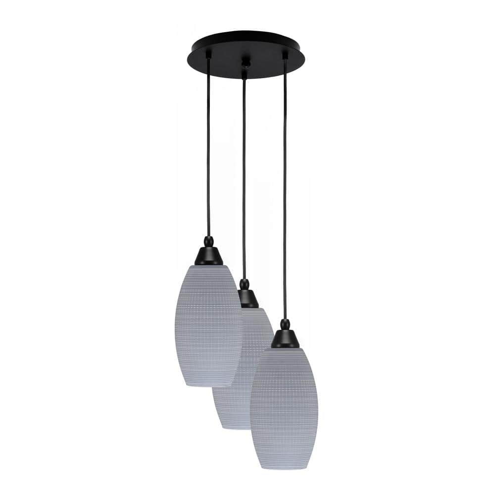 Savannah 13.25 in. 3-Light Matte Black Cord Pendant Light Gray Matrix Glass