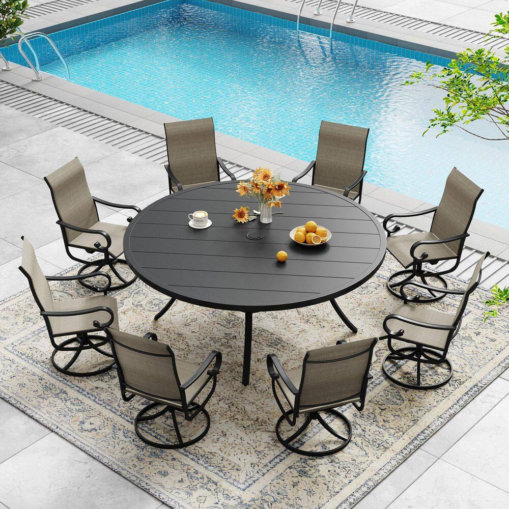9-Piece Metal Patio Dining Set with 60 in. Black Round Dining Table and 8 Brown Textilene Swivel Chairs price history on PriceWatchPro