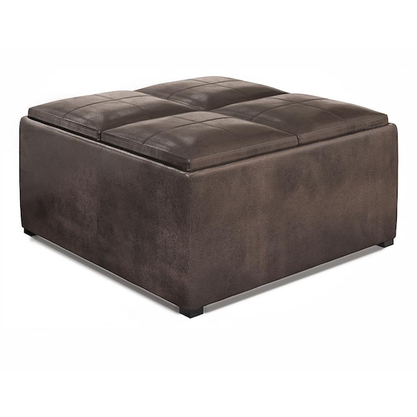 Simpli Home Avalon 35 in. Wide Contemporary Square Coffee Table Storage Ottoman in Distressed Brown Vegan Faux Leather
